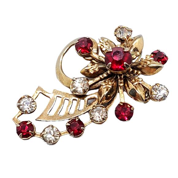 Vintage Jewelry - Vintage Gold Tone Floral Brooch Red Clear Stones Fleur-de-lis Statement No Mark